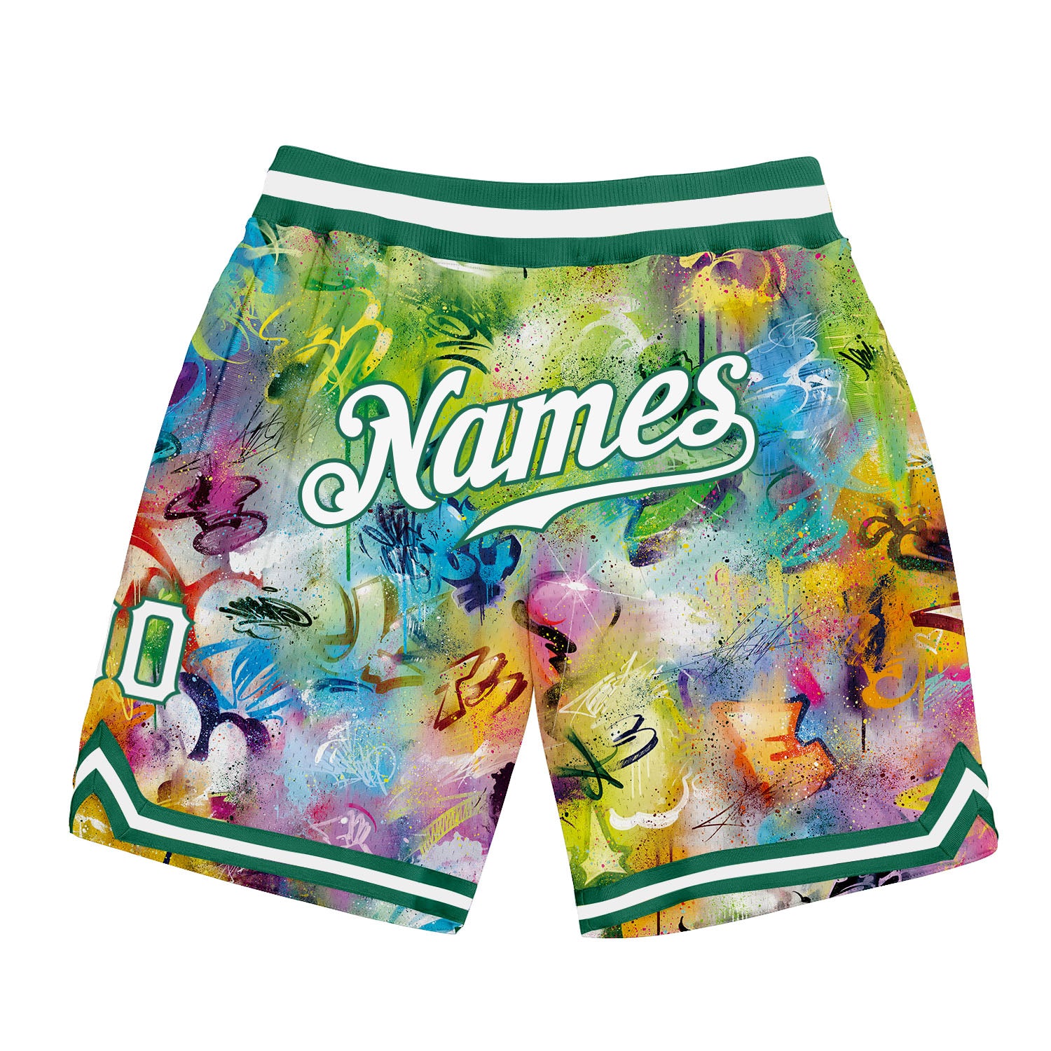 Custom Name Number 3D Basketball Shorts Graffiti Pattern White-Kelly Green Personalized Authentic Team Gear Personalized