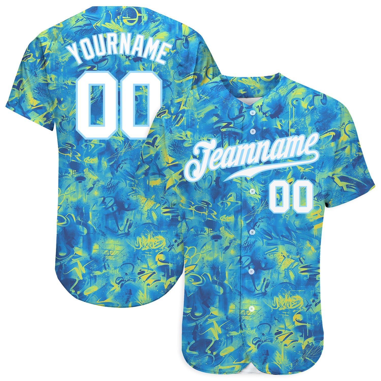 Personalized 3D Baseball Jersey with Scratch Graffiti Pattern in White and Light Blue Personalized Scratch Graffiti Pattern