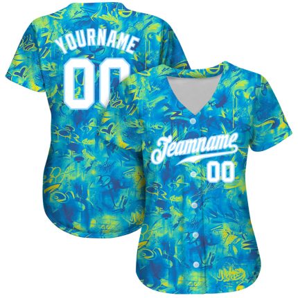 Personalized 3D Baseball Jersey with Scratch Graffiti Pattern in White and Light Blue Personalized Scratch Graffiti Pattern