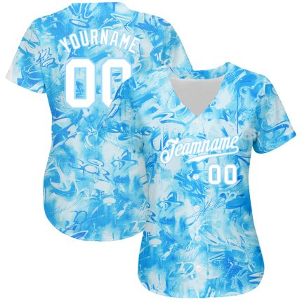 Custom Name and Number Personalized 3D Graffiti Pattern Baseball Jersey - White-Light Blue Personalized Scratch Graffiti