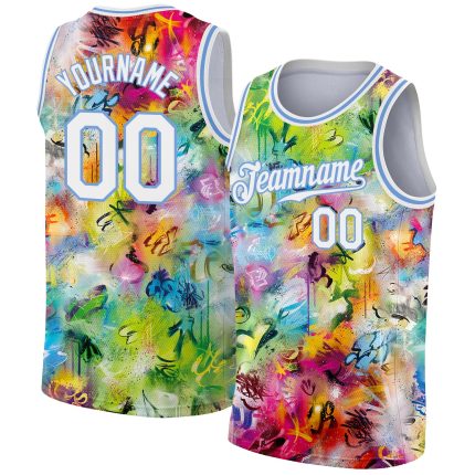Custom Name and Number Personalized 3D Basketball Jersey - Scratch Graffiti Pattern in White and Light Blue Personalized