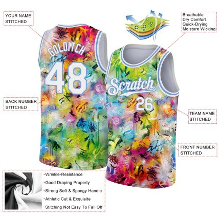 Custom Name and Number Personalized 3D Basketball Jersey - Scratch Graffiti Pattern in White and Light Blue Personalized