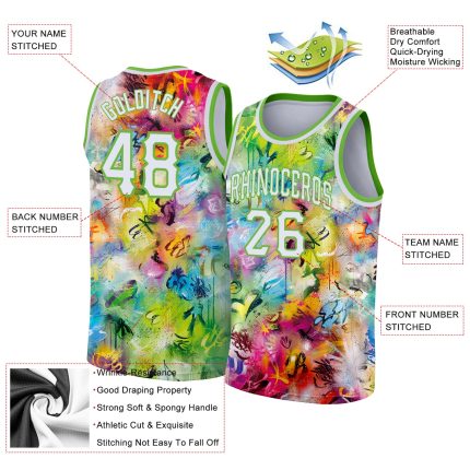 Custom Personalized 3D Basketball Jersey with Scratch Graffiti Pattern in White-Neon Green - Team Name & Number Personalized