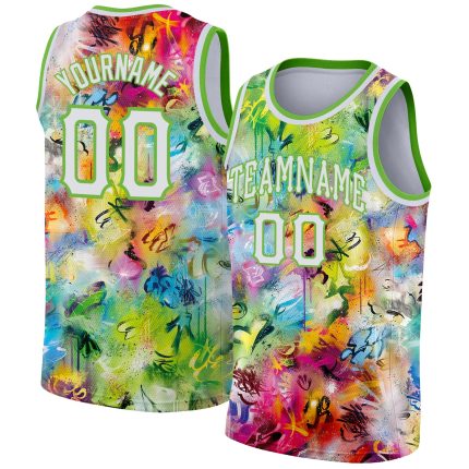 Custom Personalized 3D Basketball Jersey with Scratch Graffiti Pattern in White-Neon Green - Team Name & Number Personalized