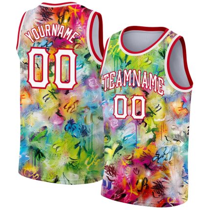 Custom Name Number 3D Basketball Jersey - Personalized White-Red Scratch Graffiti Pattern, Authentic Team Apparel Personalized
