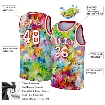 Custom Name Number 3D Basketball Jersey - Personalized White-Red Scratch Graffiti Pattern, Authentic Team Apparel Personalized