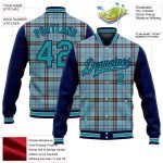 Custom Plaid Bomber Varsity Jacket Navy Gray Teal 3D Shadow Design Full-Snap Classic Style Personalized Shadow Blue Teal