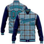 Custom Plaid Bomber Varsity Jacket Navy Gray Teal 3D Shadow Design Full-Snap Classic Style Personalized Shadow Blue Teal