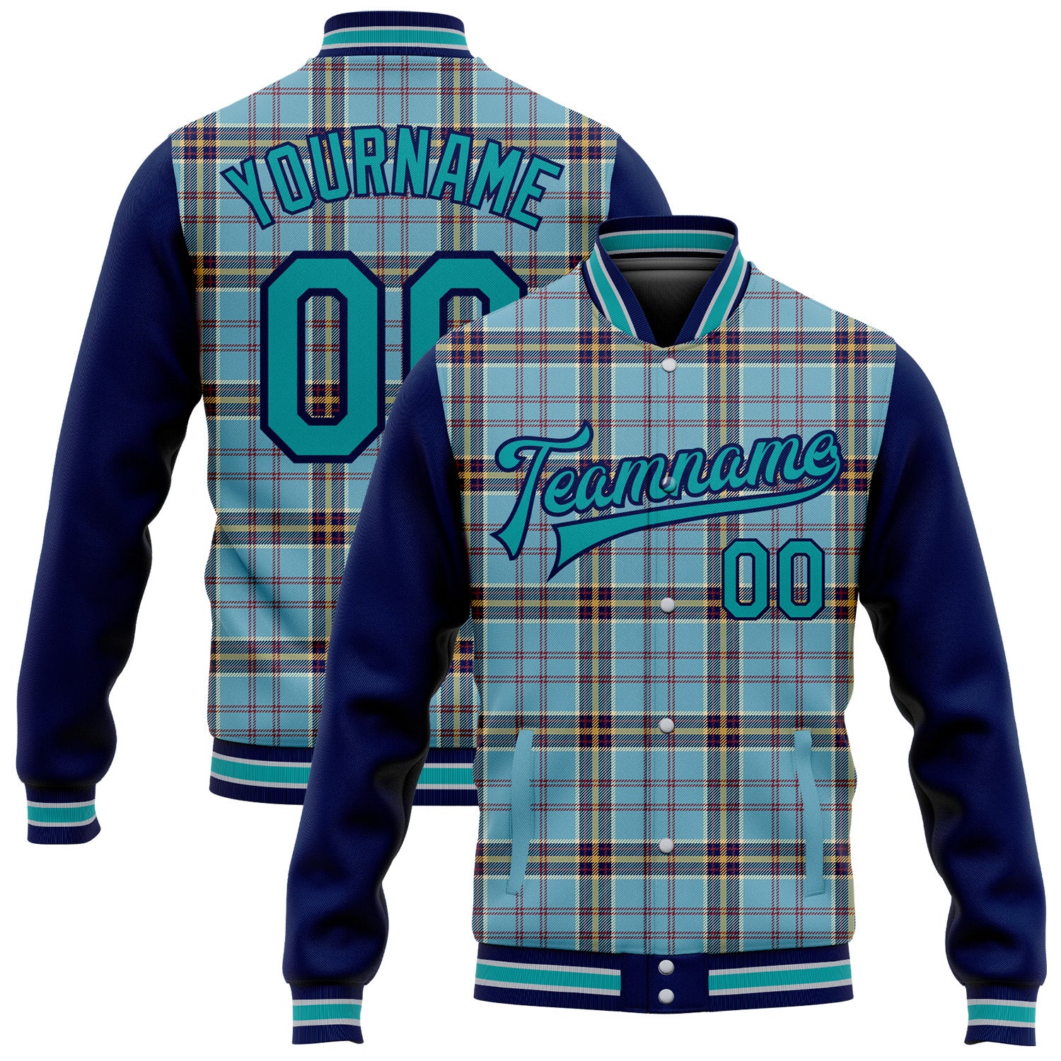 Custom Plaid Bomber Varsity Jacket Navy Gray Teal 3D Shadow Design Full-Snap Classic Style Personalized Shadow Blue Teal
