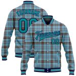 Custom Name Number Personalized Varsity Letterman Bomber Jacket - Classic Western Plaid 3D Pattern Design in Shadow Blue Teal Navy-Gray