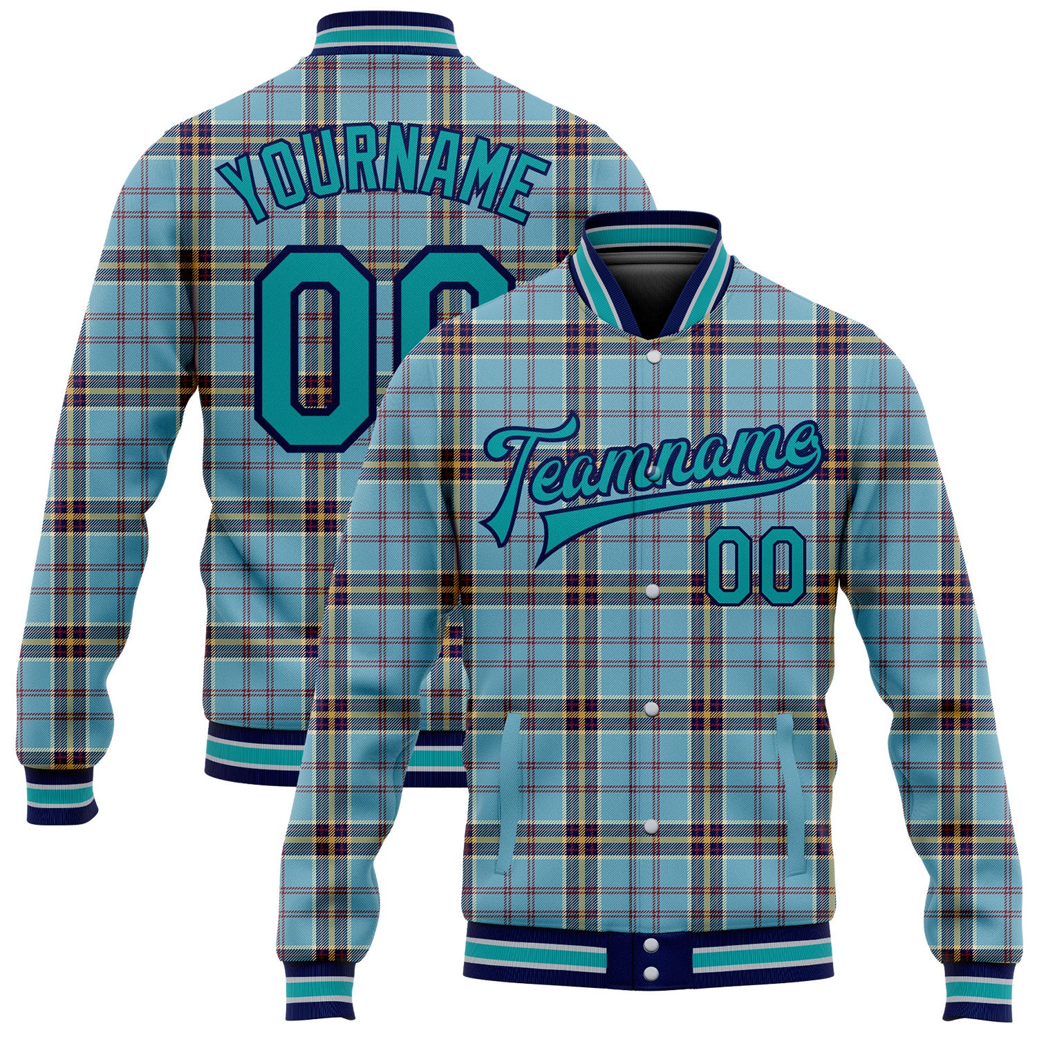 Custom Name Number Personalized Varsity Letterman Bomber Jacket - Classic Western Plaid 3D Pattern Design in Shadow Blue Teal Navy-Gray