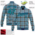 Custom Name Number Personalized Varsity Letterman Bomber Jacket - Classic Western Plaid 3D Pattern Design in Shadow Blue Teal Navy-Gray