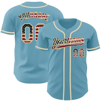 Custom Vintage USA Flag Baseball Jersey - Personalized Shadow Blue with Name and Number, Cream Authentic Design Personalized