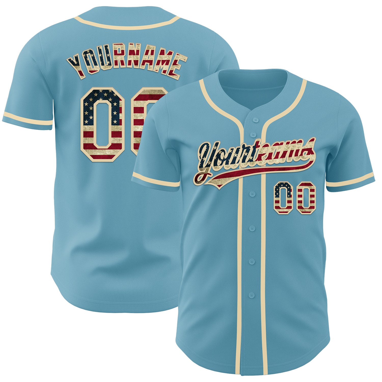 Custom Vintage USA Flag Baseball Jersey - Personalized Shadow Blue with Name and Number, Cream Authentic Design Personalized