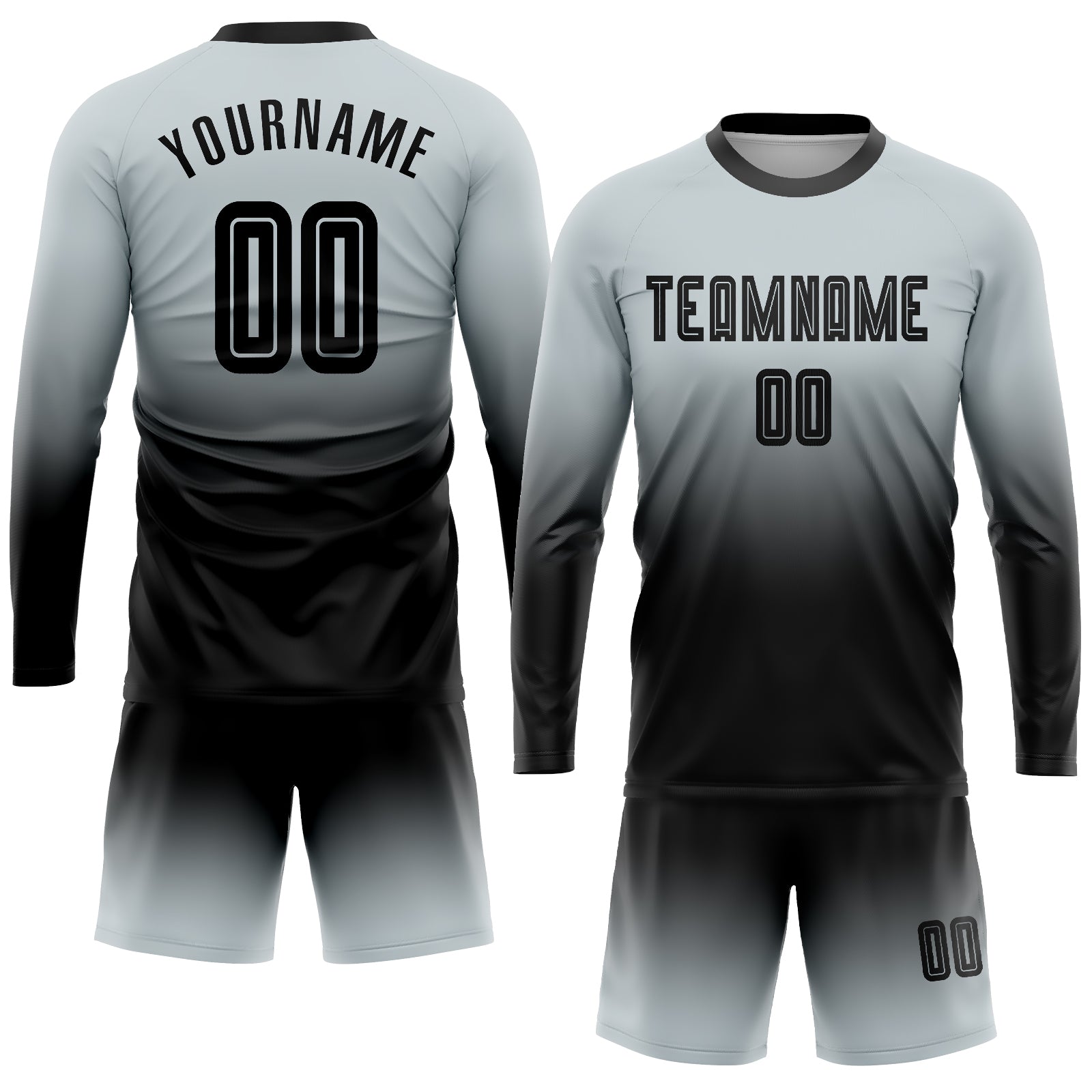 Personalized Silver Black Sublimation Long Sleeve Fade Fashion Soccer Uniform Jersey Team Custom Name and Number Custom Name Number Soccer Jersey Long Sleeve Fade Fashion Personalized Silver Black Team Uniform Personalized Silver Black - Image 2
