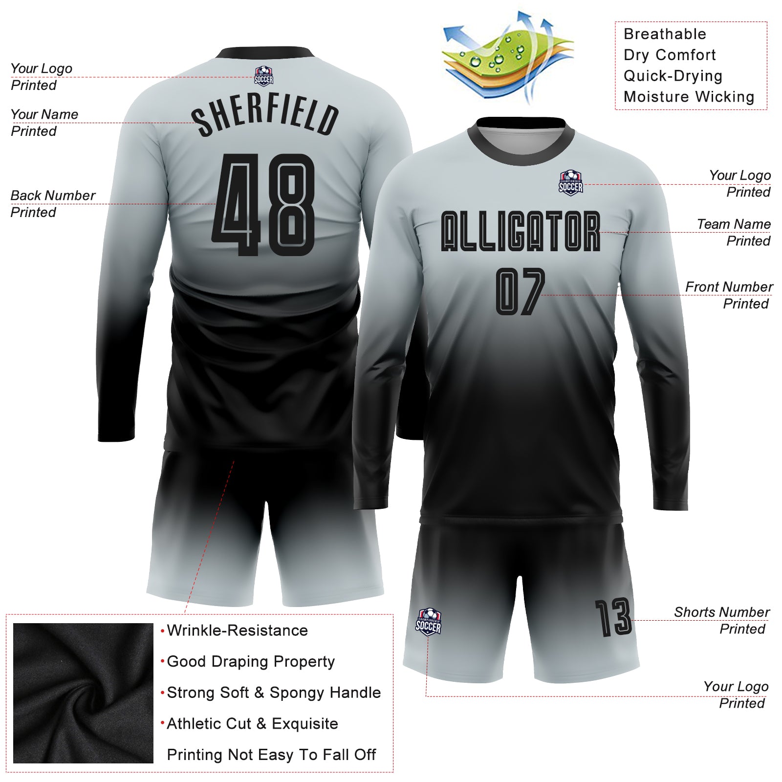 Personalized Silver Black Sublimation Long Sleeve Fade Fashion Soccer Uniform Jersey Team Custom Name and Number Custom Name Number Soccer Jersey Long Sleeve Fade Fashion Personalized Silver Black Team Uniform Personalized Silver Black - Image 3