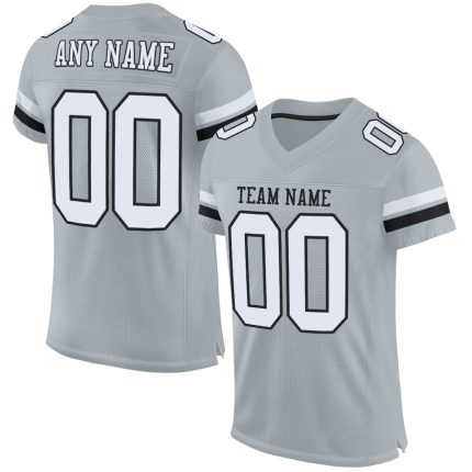 Personalized Authentic Football Jersey in Silver and Black Mesh, Customizable Design Personalized Silver White-Black Mesh