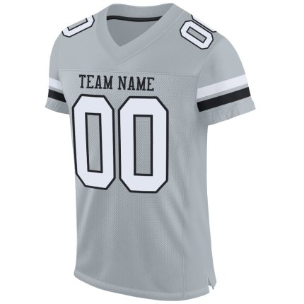 Personalized Authentic Football Jersey in Silver and Black Mesh, Customizable Design Personalized Silver White-Black Mesh