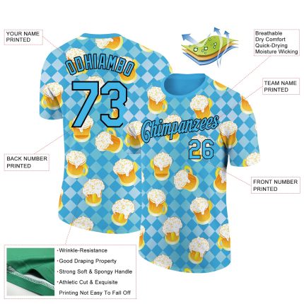 Custom Name and Number Team Beer Performance T-Shirt, Personalized 3D Sky Blue Black Pattern Design Personalized Sky Blue