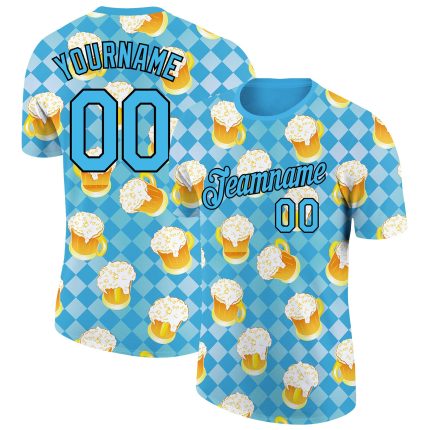 Custom Name and Number Team Beer Performance T-Shirt, Personalized 3D Sky Blue Black Pattern Design Personalized Sky Blue