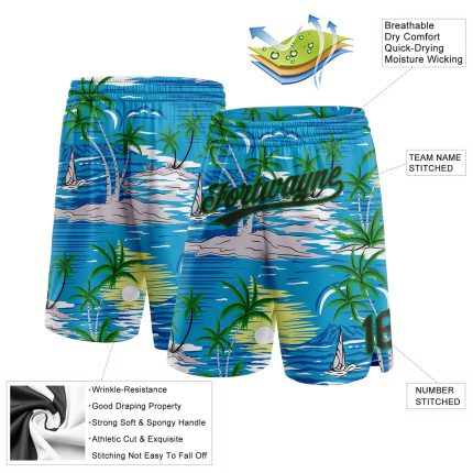 Custom Name Number Basketball Shorts Hawaii Palm Trees 3D Pattern Sky Blue Black Grass Green Personalized Sky Blue Black-Grass