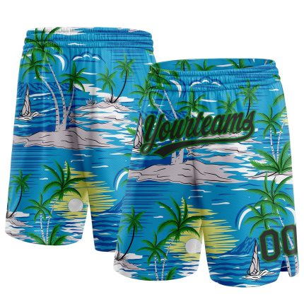 Custom Name Number Basketball Shorts Hawaii Palm Trees 3D Pattern Sky Blue Black Grass Green Personalized Sky Blue Black-Grass
