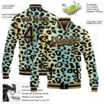 Customizable Leopard Print Varsity Jacket with Name & Number - Sky Blue & Black Gold 3D Pattern Bomber Full-Snap Design Personalized