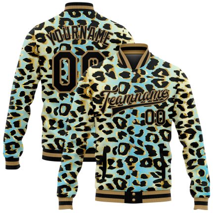 Customizable Leopard Print Varsity Jacket with Name & Number - Sky Blue & Black Gold 3D Pattern Bomber Full-Snap Design Personalized