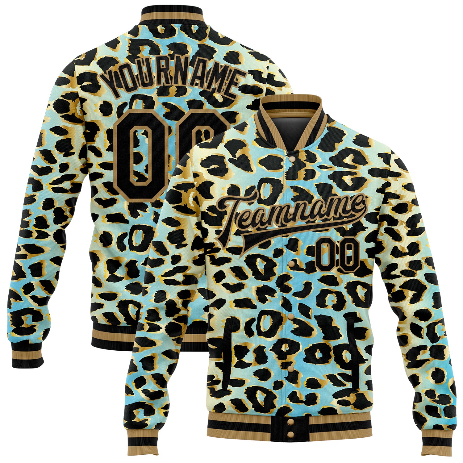 Customizable Leopard Print Varsity Jacket with Name & Number - Sky Blue & Black Gold 3D Pattern Bomber Full-Snap Design Personalized