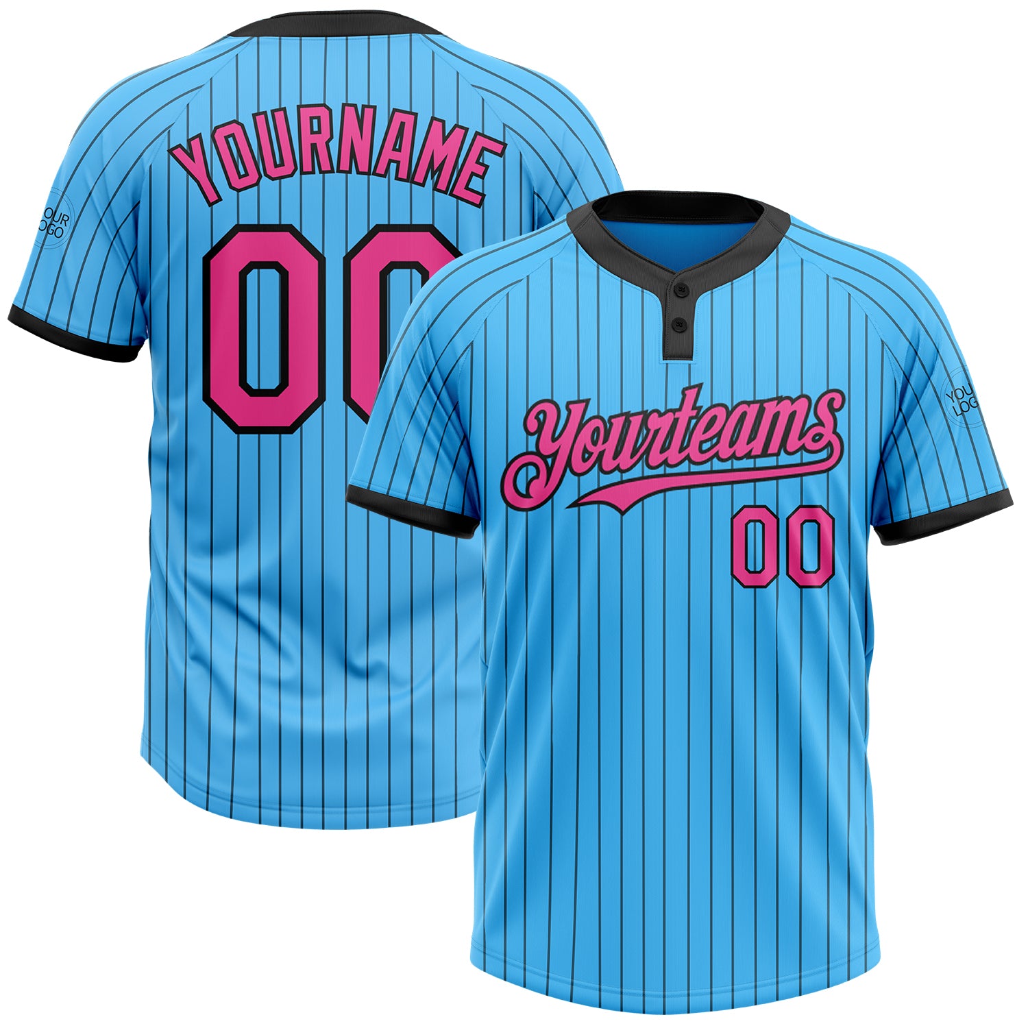 Custom Name and Number Softball Jersey for Team - Unisex Two-Button Sky Blue with Black Pinstripe and Pink Details Personalized