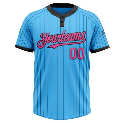 Custom Name and Number Softball Jersey for Team - Unisex Two-Button Sky Blue with Black Pinstripe and Pink Details Personalized
