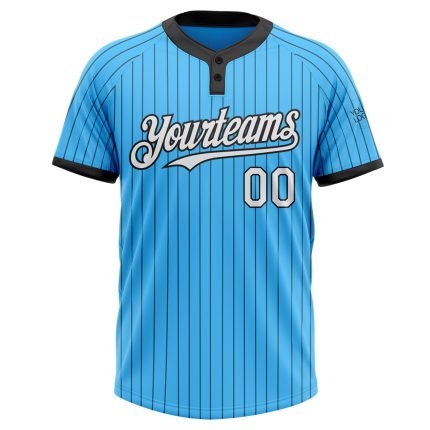 Custom Name and Number Softball Jersey Unisex Two-Button Sky Blue with Black Pinstripes Personalized Sky Blue Black Pinstripe