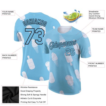 Custom Name Number Ice Cream T-Shirt for Summer Holiday - 3D Sky Blue Black-White Design Performance Shirt Personalized Sky