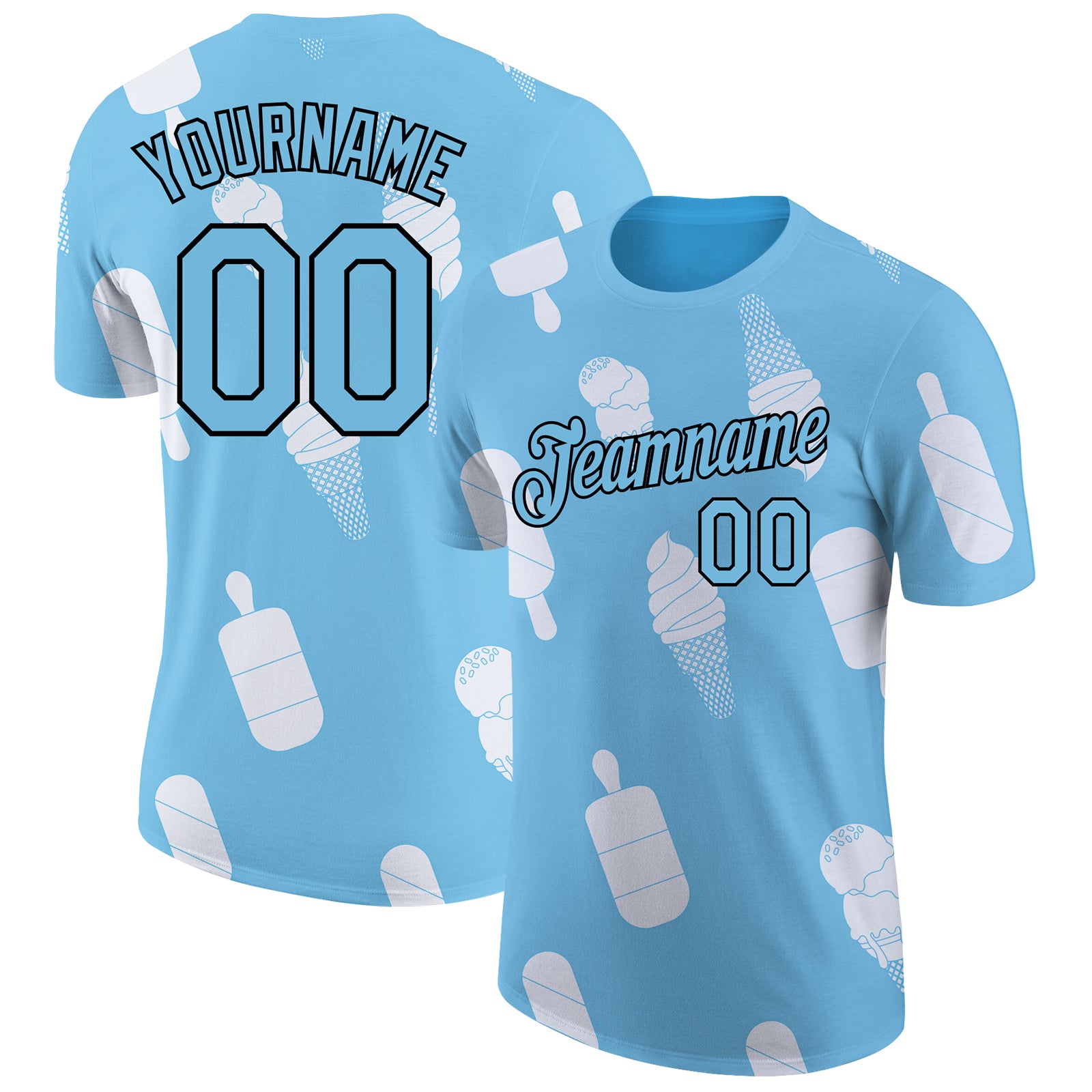 Custom Name Number Ice Cream T-Shirt for Summer Holiday - 3D Sky Blue Black-White Design Performance Shirt Personalized Sky