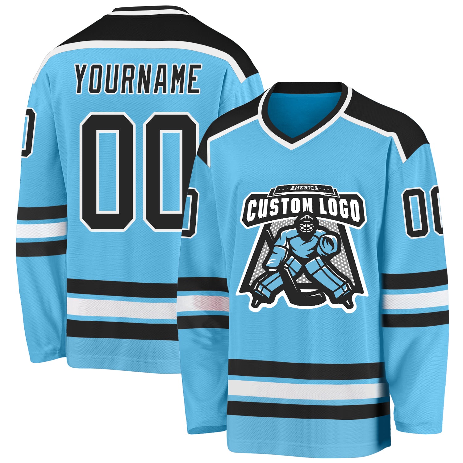Custom Team Hockey Jersey with Personalized Name & Number - Sky Blue Black-White Personalized Sky Blue Black-White Hockey