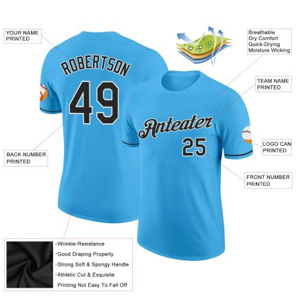Custom Team Name and Number Sky Blue Black-White Performance T-Shirt, Personalized Athletic Apparel Personalized Sky Blue