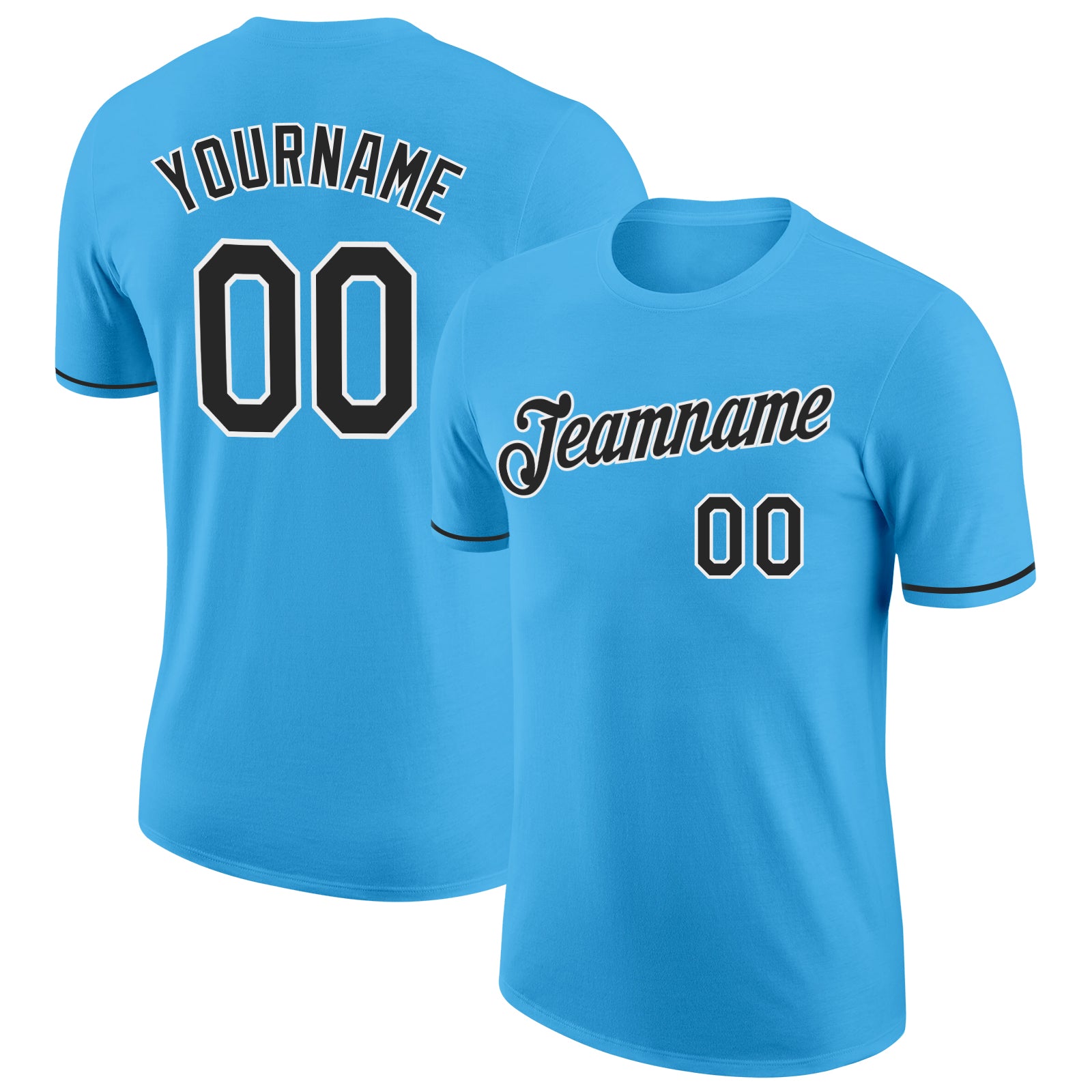Custom Team Name and Number Sky Blue Black-White Performance T-Shirt, Personalized Athletic Apparel Personalized Sky Blue