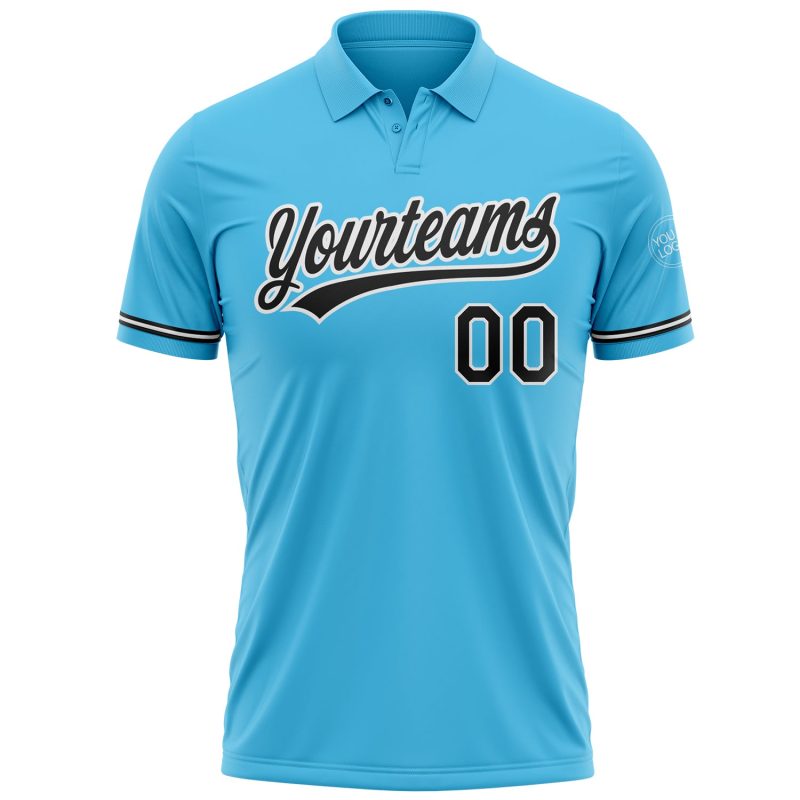 Customizable Performance Golf Polo Shirt in Sky Blue with Black-White Design for Teams - Personalized Name and Number Personalized