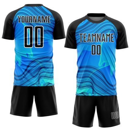 Custom Name Number Soccer Uniform Jersey - Personalized Sky Blue Black-White Waves Design Personalized Sky Blue Black-White