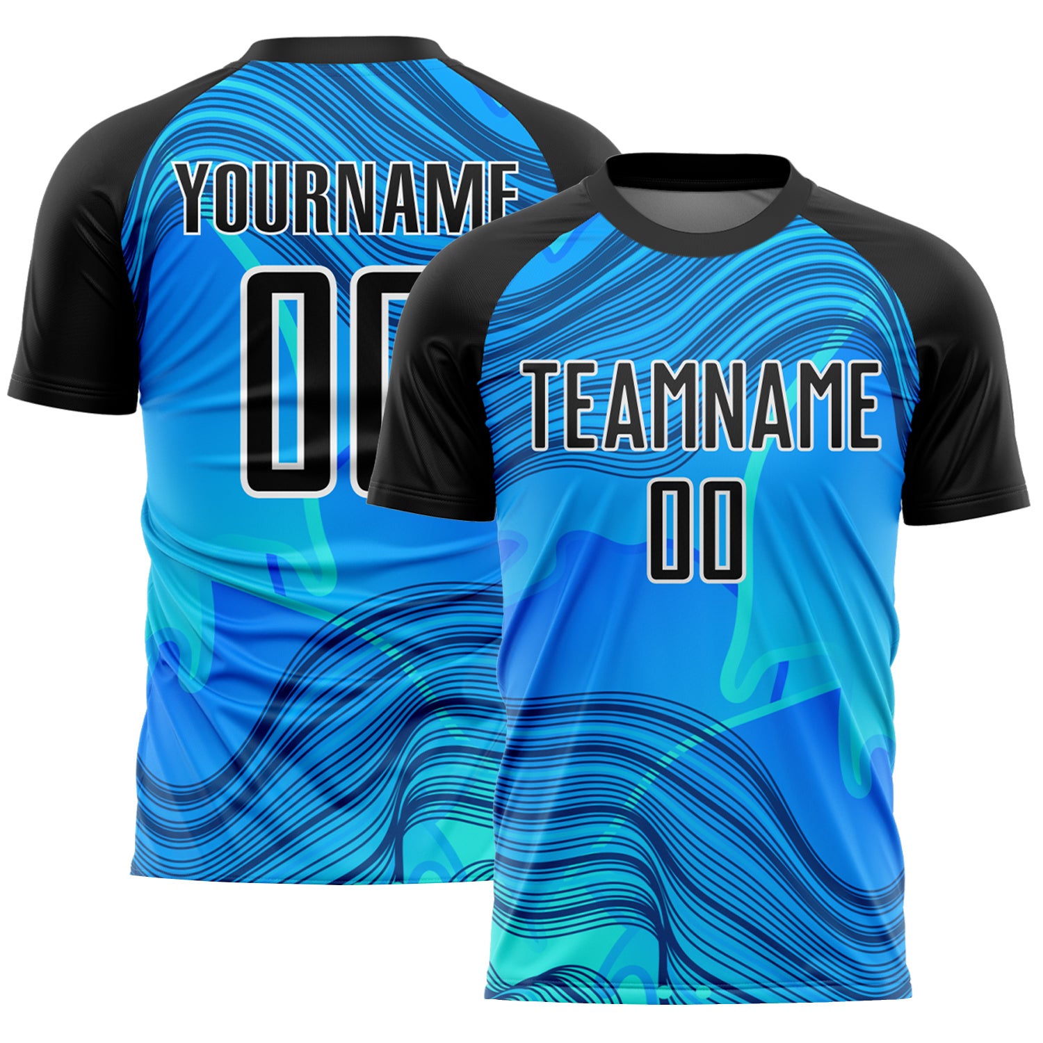 Custom Name Number Soccer Uniform Jersey - Personalized Sky Blue Black-White Waves Design Personalized Sky Blue Black-White