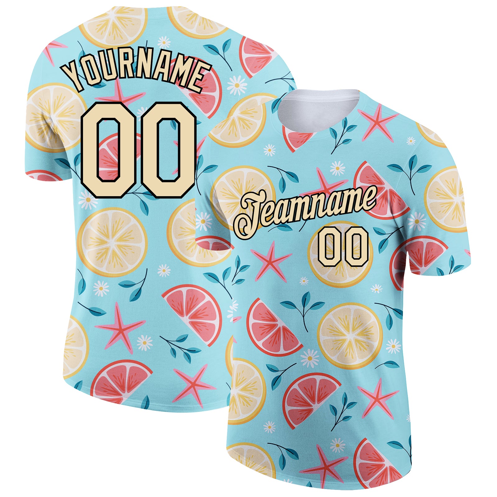 Custom Name and Number Summer T-Shirt, 3D Pattern Design, Sky Blue City Cream-Black, Fruit and Flower Performance Apparel