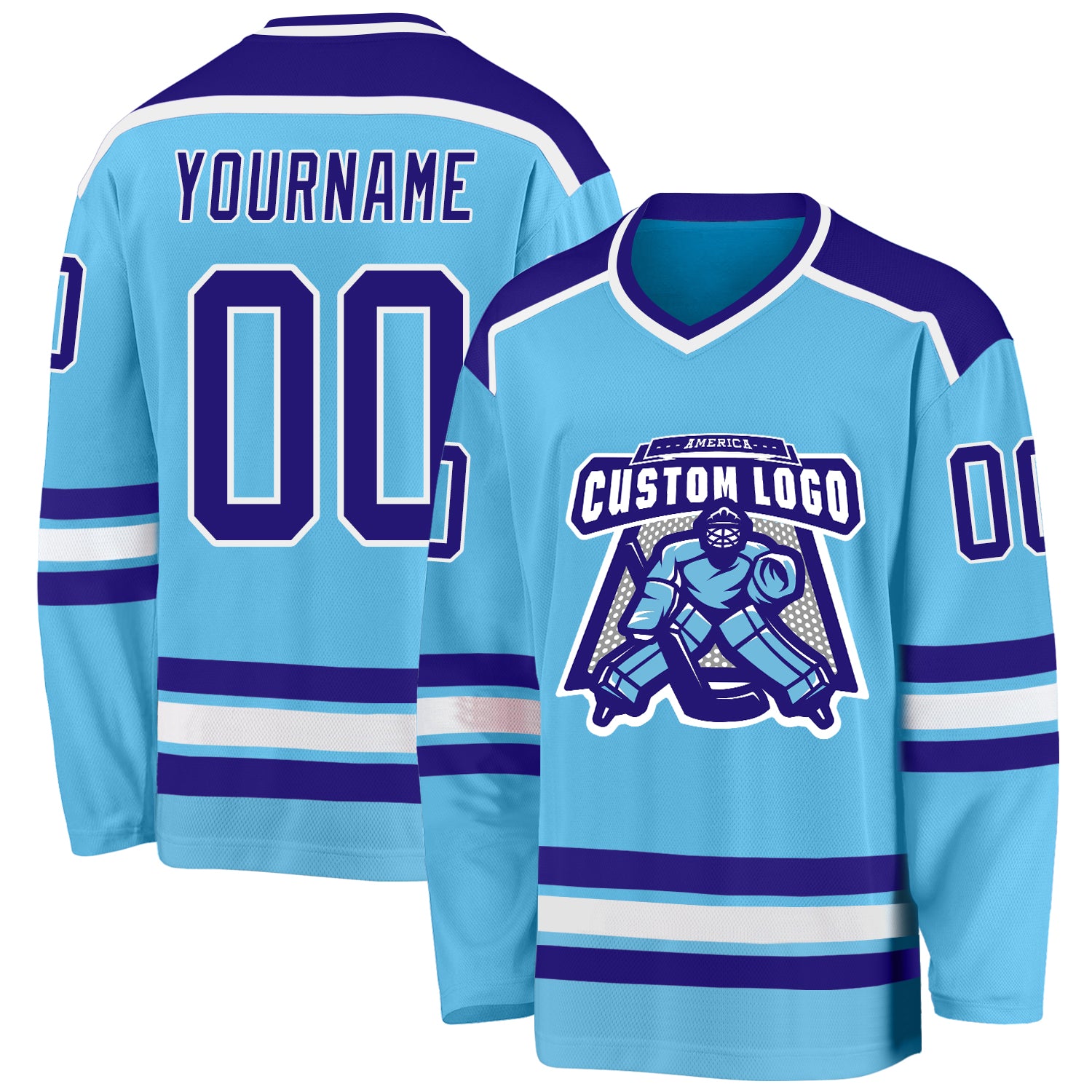 Custom Team Name and Number Hockey Jersey - Personalized Sky Blue and Dark Purple Design Personalized Sky Blue Dark Purple-White