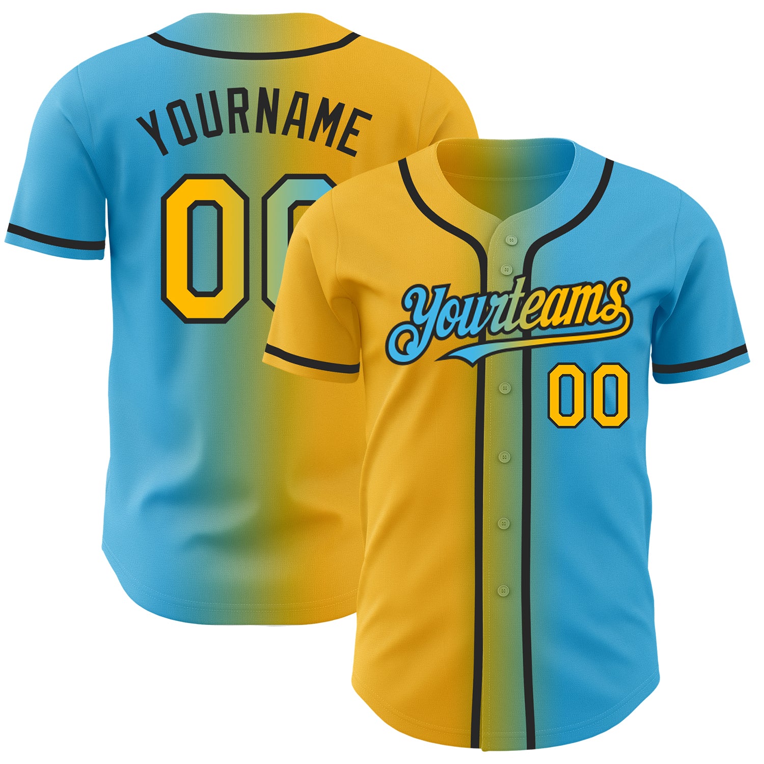 Custom Name Number Gradient Baseball Jersey - Personalized Sky Blue Gold-Black Fashion Team Apparel Personalized Sky Blue