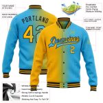 Personalized Team Jacket with Custom Name and Number, Sky Blue Gold Black Gradient Bomber Full-Snap Varsity Letterman Personalized