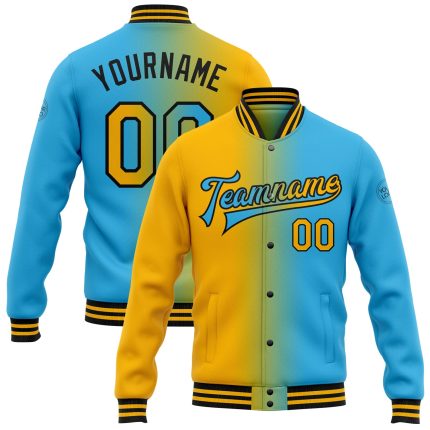Personalized Team Jacket with Custom Name and Number, Sky Blue Gold Black Gradient Bomber Full-Snap Varsity Letterman Personalized