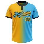 Custom Name and Number Sky Blue Gold-Black Gradient Unisex Softball Jersey - Fashion Two-Button Design Personalized Sky Blue