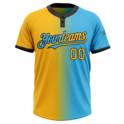 Custom Name and Number Sky Blue Gold-Black Gradient Unisex Softball Jersey - Fashion Two-Button Design Personalized Sky Blue