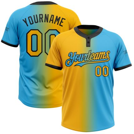 Custom Name and Number Sky Blue Gold-Black Gradient Unisex Softball Jersey - Fashion Two-Button Design Personalized Sky Blue