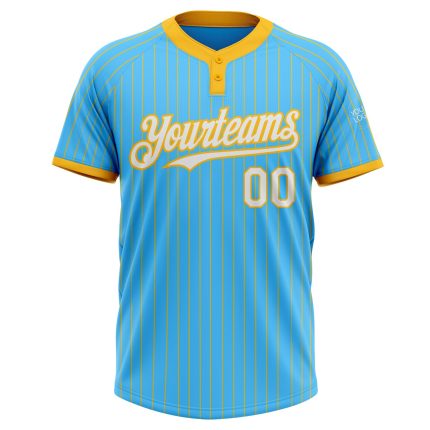 Custom Name Number Unisex Softball Jersey Sky Blue White Gold Pinstripe Two-Button Personalize Your Team Gear Personalized