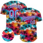 Custom Name and Number Baseball Jersey with Palm Trees 3D Pattern in Sky Blue and Hot Pink - Tropical Hawaii Design Personalized